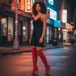 Hot Tomato Red Thigh High Stiletto Boots – Size 10 – Faux Suede – Gently Used